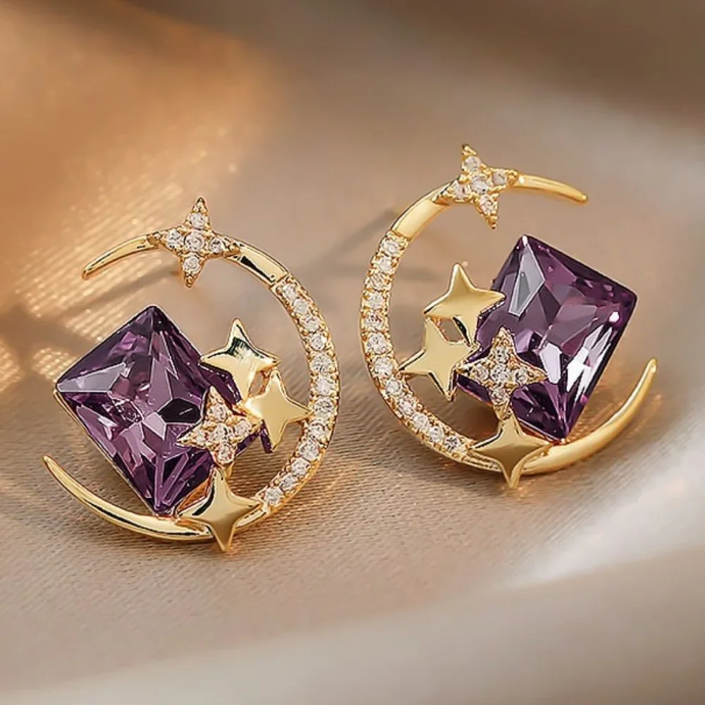 DESIGNER Celestial Crescent Moon & Star Gold/Purple + Clear Crystals Earrings